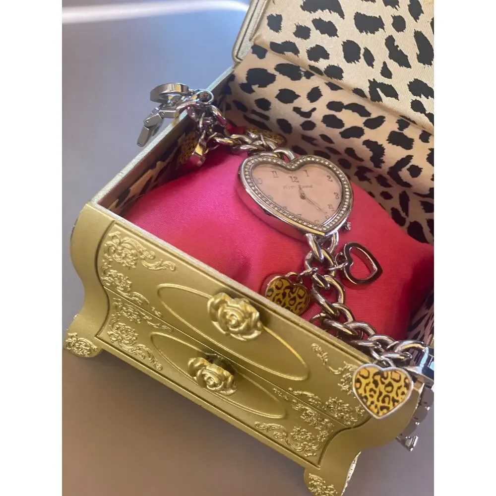 RARE BETSEY JOHNSON Cheetah Heart Charm Watch, Chain, Original Gold / Pink Chest